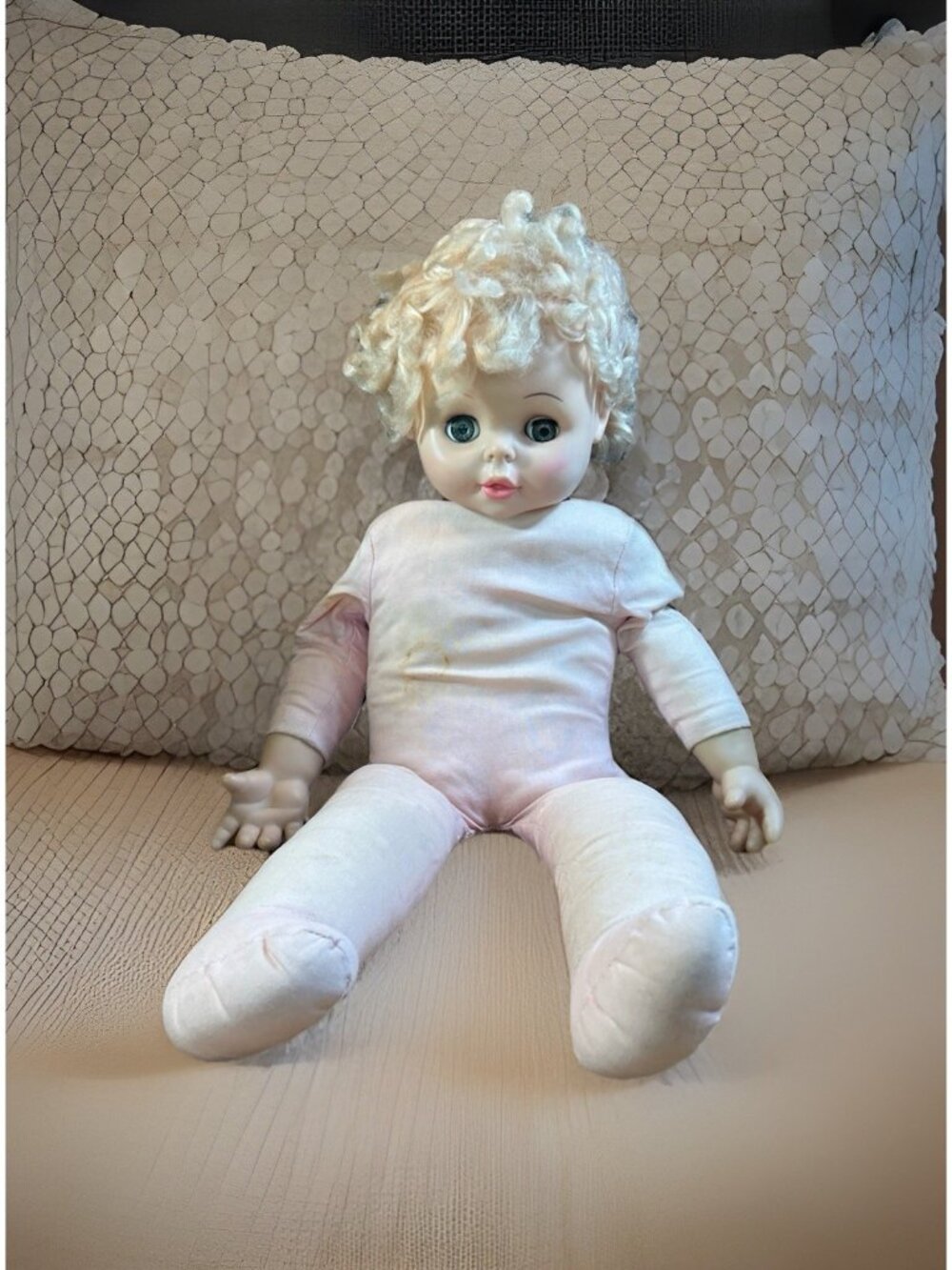 Vintage Eugene Doll 24” Baby Doll Messy Blond Hair Working Blue Eyes Cloth Body